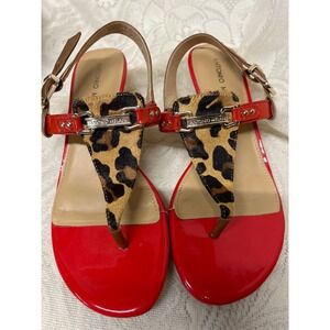 Antonio Melani Red Patent Leather Leopard‎ Print Thong Wedge Sandals Size 6.5